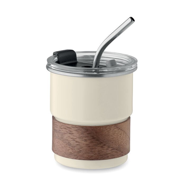 Single-wall thermo mug with a detachable acacia wood handle, stainless steel straw 260 ml [MO2423-13] (beige)