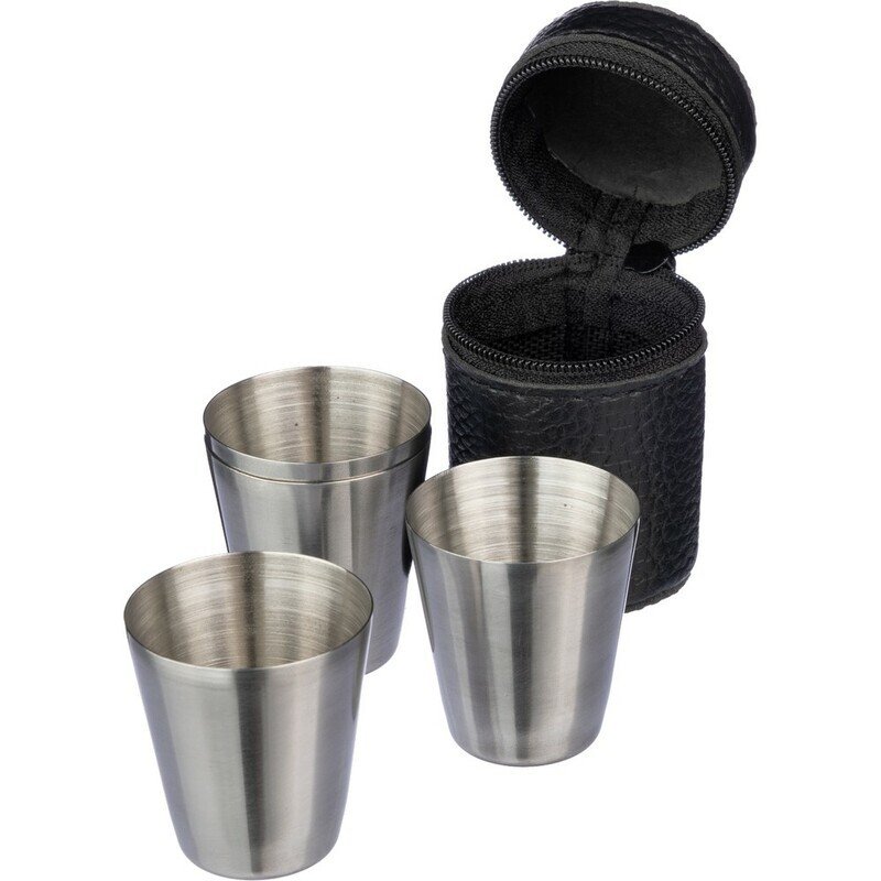 Metāla glāžu komplekts, 4 metāla šotu glāzes 30 ml  maciņšā  no PU ādas [VA134]